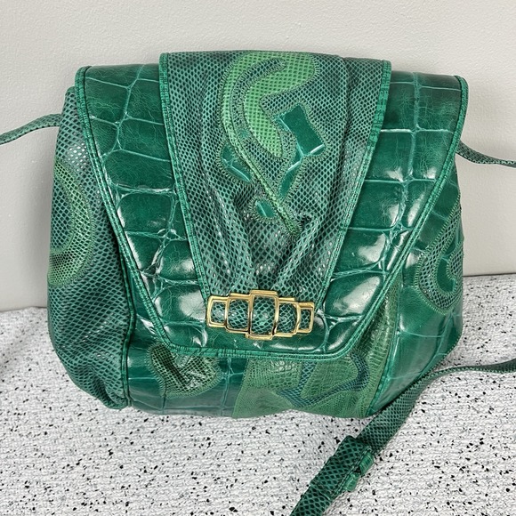 Vintage 80s 90s Sharif Emerald Green Reptile Leather Crossbody Purse Handbag - Picture 1 of 10